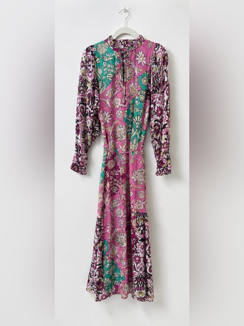 Women's Floral Long Sleeve Midi Dress in Pink & Teal